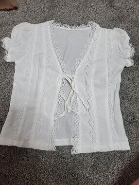 White Lace-Trim Tie-Front Women's Top